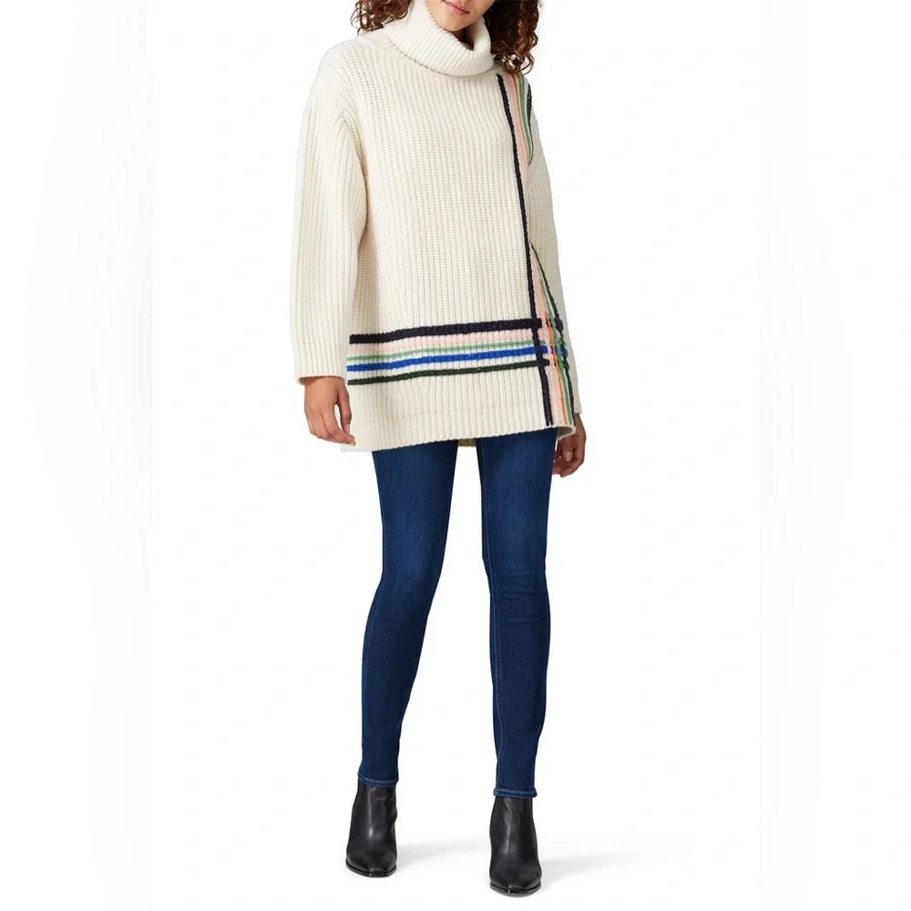 New! Tory Burch Sport Wool Cream Turtleneck Sweater with Multicolor Stripes 🤍 XS